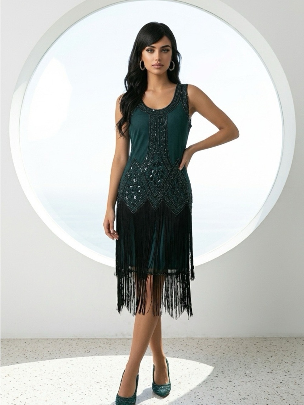 Roman Beaded Green Fringe Midi Dress